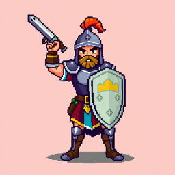 A pixel art sprite of a medieval warrior, featuring a detailed armor with a shining breastplate, colorful tunic, and a sword raised high
