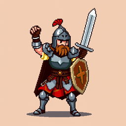 A pixel art sprite of a medieval warrior, featuring a detailed armor with a shining breastplate, colorful tunic, and a sword raised high