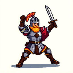 A pixel art sprite of a medieval warrior, featuring a detailed armor with a shining breastplate, colorful tunic, and a sword raised high