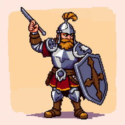 A pixel art sprite of a medieval warrior, featuring a detailed armor with a shining breastplate, colorful tunic, and a sword raised high