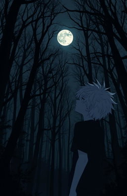 A very dark and eerie forest in anime style, featuring a 16-year-old teenager with messy white hair gazing at a distant full moon