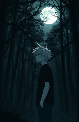 A very dark and eerie forest in anime style, featuring a 16-year-old teenager with messy white hair gazing at a distant full moon