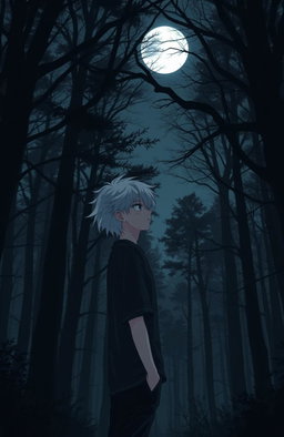A very dark and eerie forest in anime style, featuring a 16-year-old teenager with messy white hair gazing at a distant full moon