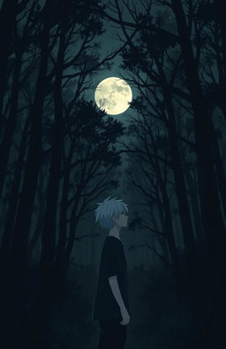 A very dark and eerie forest in anime style, featuring a 16-year-old teenager with messy white hair gazing at a distant full moon