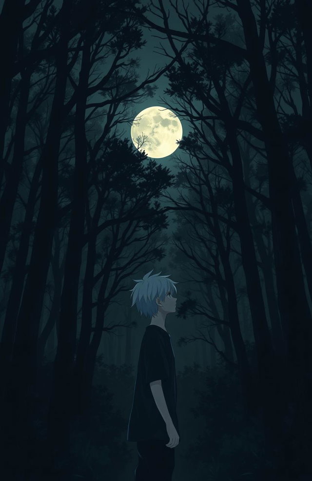 A very dark and eerie forest in anime style, featuring a 16-year-old teenager with messy white hair gazing at a distant full moon