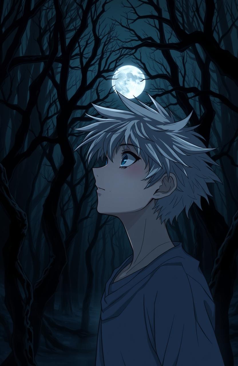 A very dark and eerie forest in anime style, featuring a 16-year-old teenager with messy white hair looking towards a distant full moon