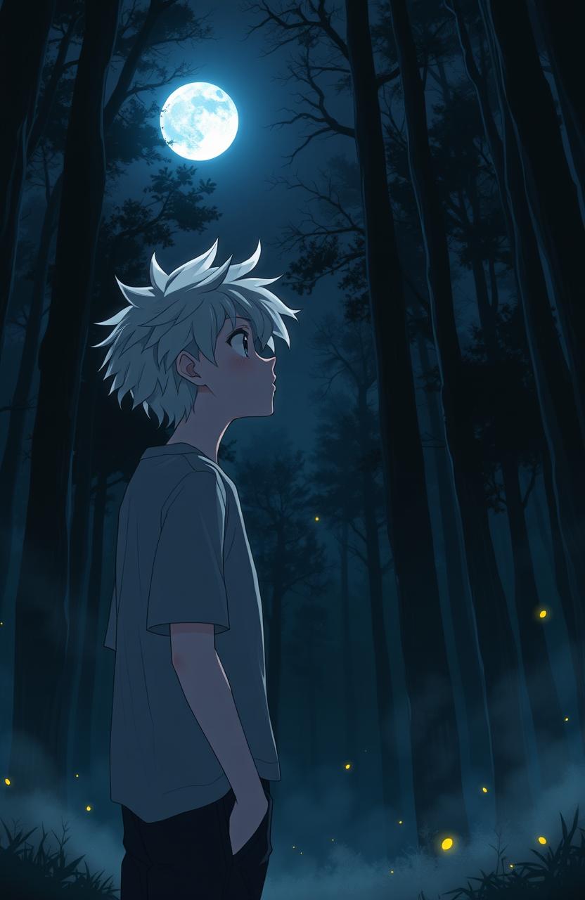 A dark and eerie forest illustrated in anime style, featuring a 16-year-old teenager with messy white hair standing in awe, gazing at a distant full moon illuminating the night sky