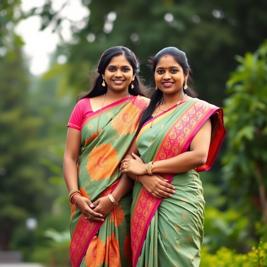 A beautiful dusky-skinned Tamil mother and her daughter standing in perfect straight poses, showcasing their natural beauty and cultural attire