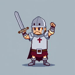 A simple pixel art sprite of a medieval warrior, featuring a bold stance with a sword raised high, wearing a classic metal helmet and a chainmail shirt