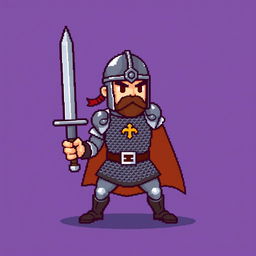 A simple pixel art sprite of a medieval warrior, featuring a bold stance with a sword raised high, wearing a classic metal helmet and a chainmail shirt