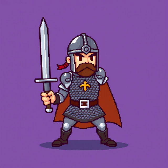 A simple pixel art sprite of a medieval warrior, featuring a bold stance with a sword raised high, wearing a classic metal helmet and a chainmail shirt