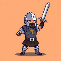 A simple pixel art sprite of a medieval warrior, featuring a bold stance with a sword raised high, wearing a classic metal helmet and a chainmail shirt
