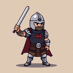 A simple pixel art sprite of a medieval warrior, featuring a bold stance with a sword raised high, wearing a classic metal helmet and a chainmail shirt