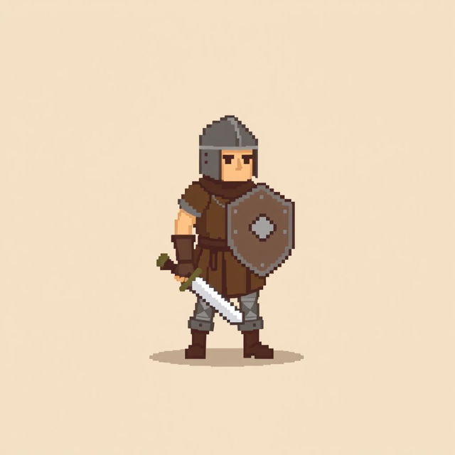 A minimalist pixel art sprite of a medieval warrior, designed with a simple and clean aesthetic