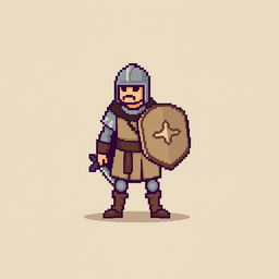 A minimalist pixel art sprite of a medieval warrior, designed with a simple and clean aesthetic