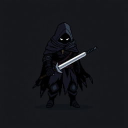 A minimalist pixel art sprite of a dark fantasy warrior, standing in a menacing pose with a jagged sword and a tattered cloak billowing behind