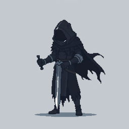 A minimalist pixel art sprite of a dark fantasy warrior, standing in a menacing pose with a jagged sword and a tattered cloak billowing behind