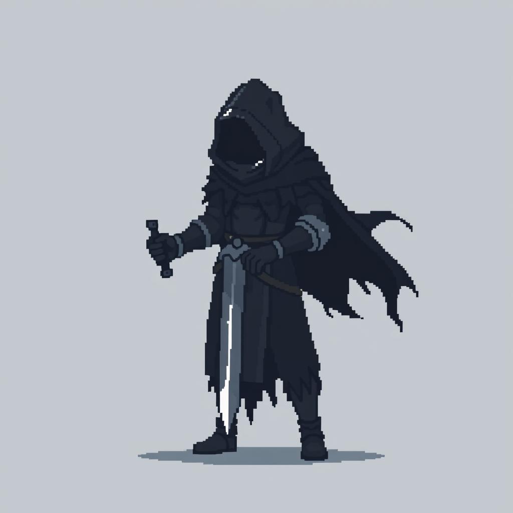 A minimalist pixel art sprite of a dark fantasy warrior, standing in a menacing pose with a jagged sword and a tattered cloak billowing behind