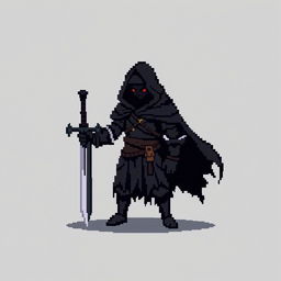A minimalist pixel art sprite of a dark fantasy warrior, standing in a menacing pose with a jagged sword and a tattered cloak billowing behind
