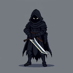 A minimalist pixel art sprite of a dark fantasy warrior, standing in a menacing pose with a jagged sword and a tattered cloak billowing behind