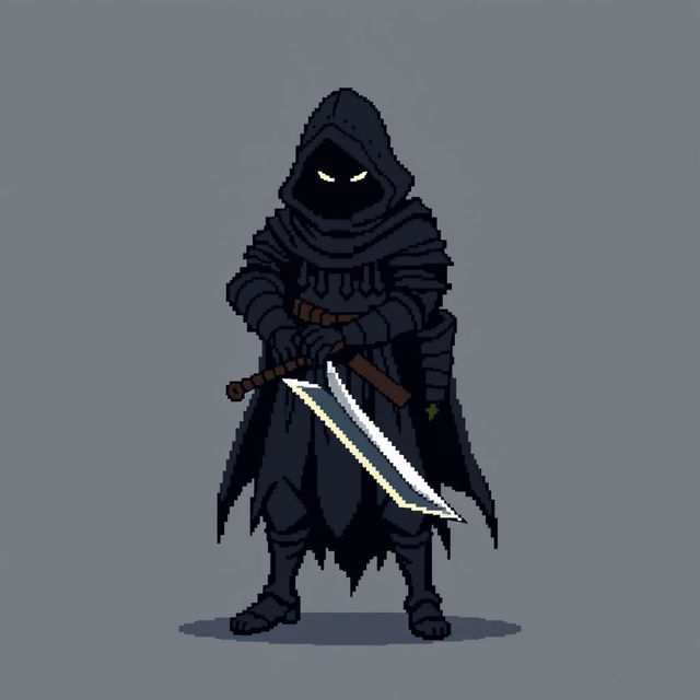 A minimalist pixel art sprite of a dark fantasy warrior, standing in a menacing pose with a jagged sword and a tattered cloak billowing behind