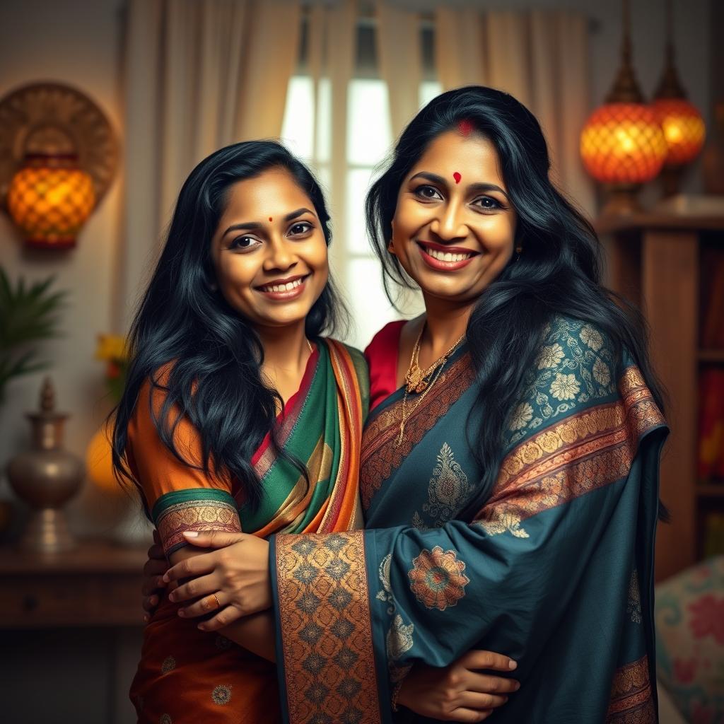 A realistic portrayal of a Tamil mother and daughter, both with beautiful dusky skin tones, standing together in a warm, affectionate embrace