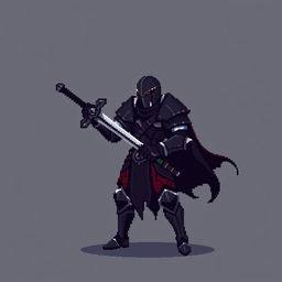 A minimalist pixel art sprite of a dark fantasy knight, depicted in a strong stance with a brooding expression, wearing dark armor that reflects a gothic aesthetic