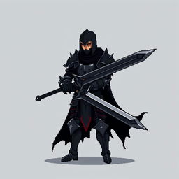 A minimalist pixel art sprite of a dark fantasy knight, depicted in a strong stance with a brooding expression, wearing dark armor that reflects a gothic aesthetic