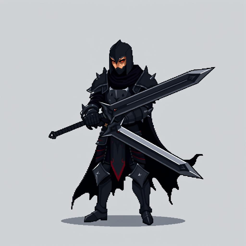 A minimalist pixel art sprite of a dark fantasy knight, depicted in a strong stance with a brooding expression, wearing dark armor that reflects a gothic aesthetic