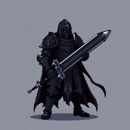 A minimalist pixel art sprite of a dark fantasy knight, depicted in a strong stance with a brooding expression, wearing dark armor that reflects a gothic aesthetic