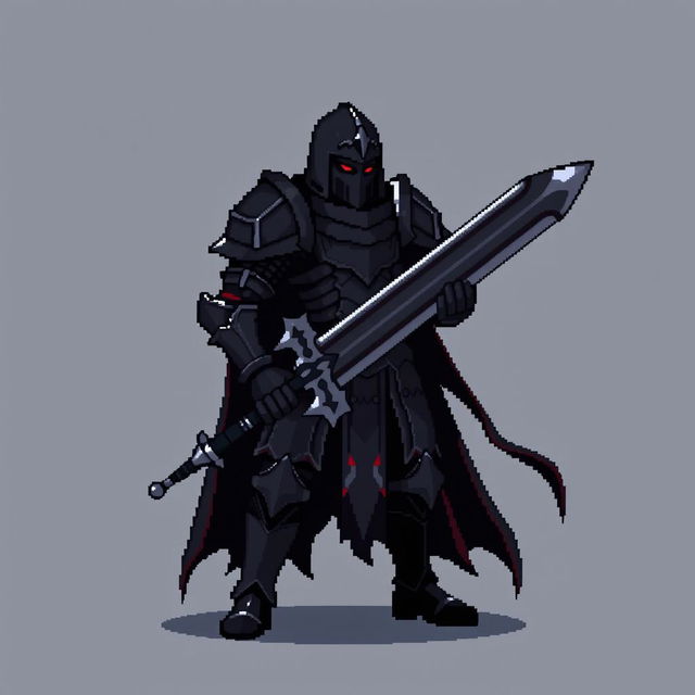 A minimalist pixel art sprite of a dark fantasy knight, depicted in a strong stance with a brooding expression, wearing dark armor that reflects a gothic aesthetic