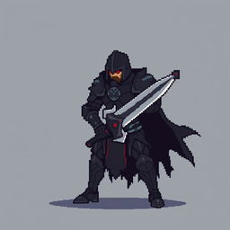 A minimalist pixel art sprite of a dark fantasy knight, depicted in a strong stance with a brooding expression, wearing dark armor that reflects a gothic aesthetic