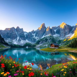 A stunning alpine landscape featuring majestic mountains under a clear blue sky