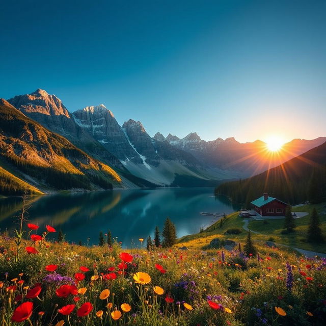 A stunning alpine landscape featuring majestic mountains under a clear blue sky