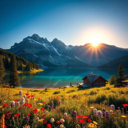 A stunning alpine landscape featuring majestic mountains under a clear blue sky