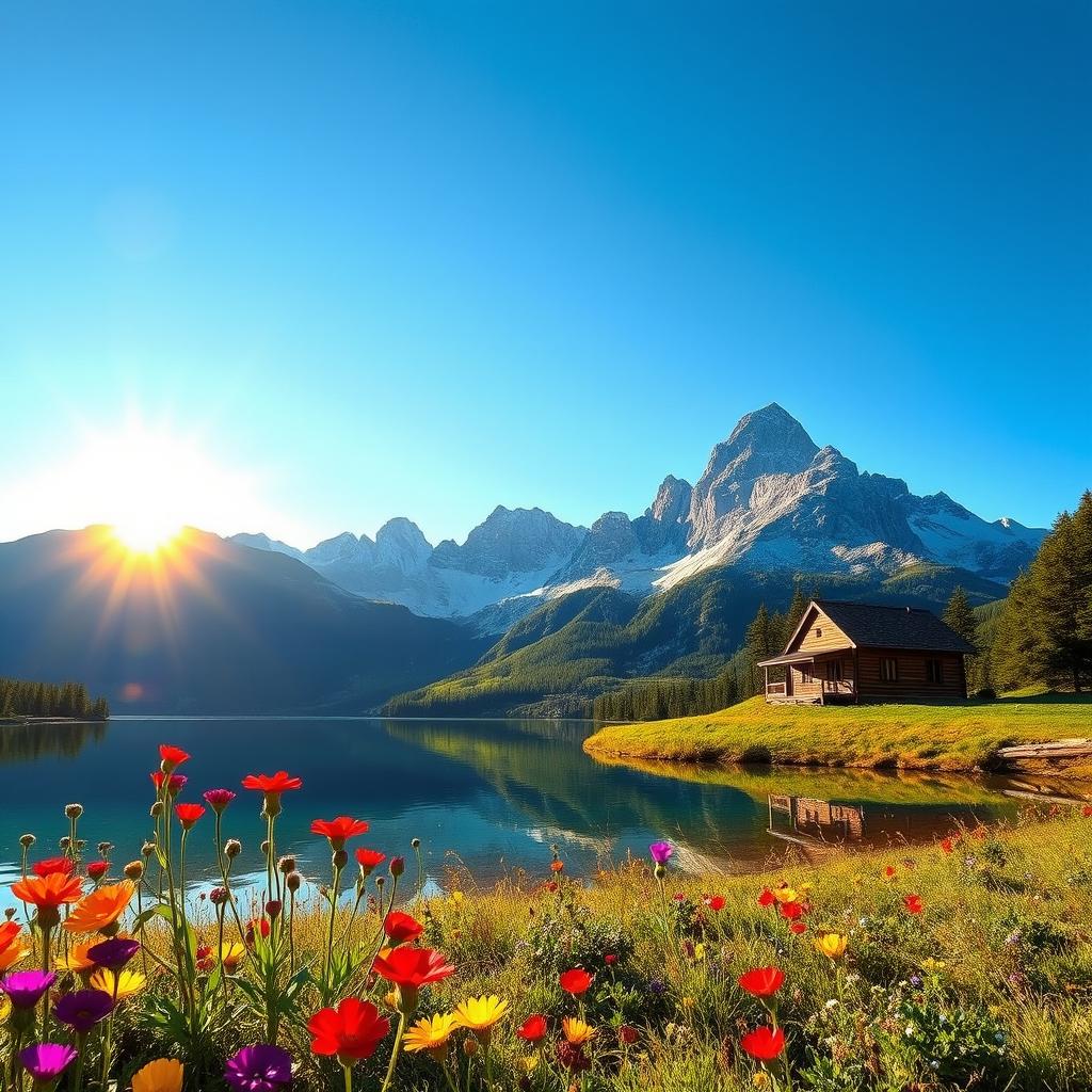 A stunning alpine landscape featuring majestic mountains under a clear blue sky