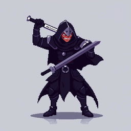A minimalist pixel art sprite of a dark fantasy swordsman, showcasing a fierce stance with a raised sword ready for battle