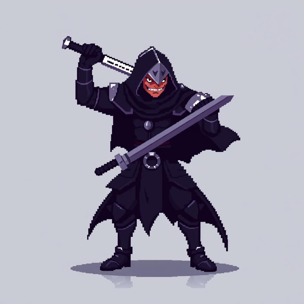 A minimalist pixel art sprite of a dark fantasy swordsman, showcasing a fierce stance with a raised sword ready for battle
