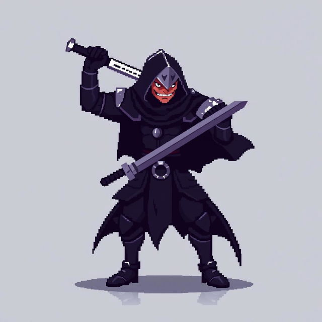 A minimalist pixel art sprite of a dark fantasy swordsman, showcasing a fierce stance with a raised sword ready for battle