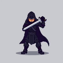 A minimalist pixel art sprite of a dark fantasy swordsman, showcasing a fierce stance with a raised sword ready for battle