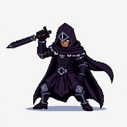 A minimalist pixel art sprite of a dark fantasy swordsman, showcasing a fierce stance with a raised sword ready for battle