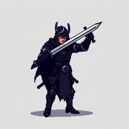 A minimalist pixel art sprite of a dark fantasy swordsman, showcasing a fierce stance with a raised sword ready for battle