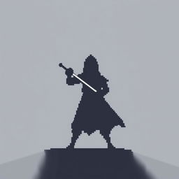 A minimalist pixel art sprite of a dark fantasy swordsman, represented with basic shapes and limited colors