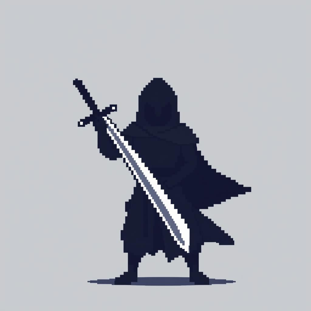 A minimalist pixel art sprite of a dark fantasy swordsman, represented with basic shapes and limited colors