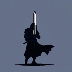 A minimalist pixel art sprite of a dark fantasy swordsman, represented with basic shapes and limited colors
