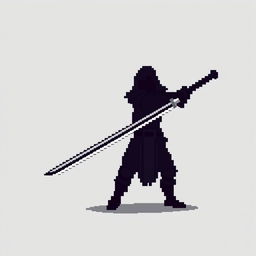 A minimalist pixel art sprite of a dark fantasy swordsman, represented with basic shapes and limited colors