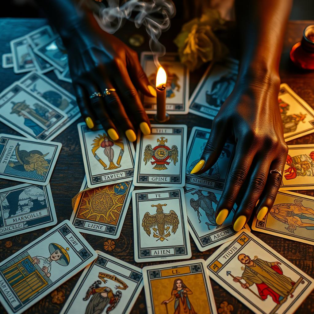 A beautifully designed scene featuring a table adorned with a spread of tarot cards, including Marseille, Rider-Waite, and Belline oracle cards