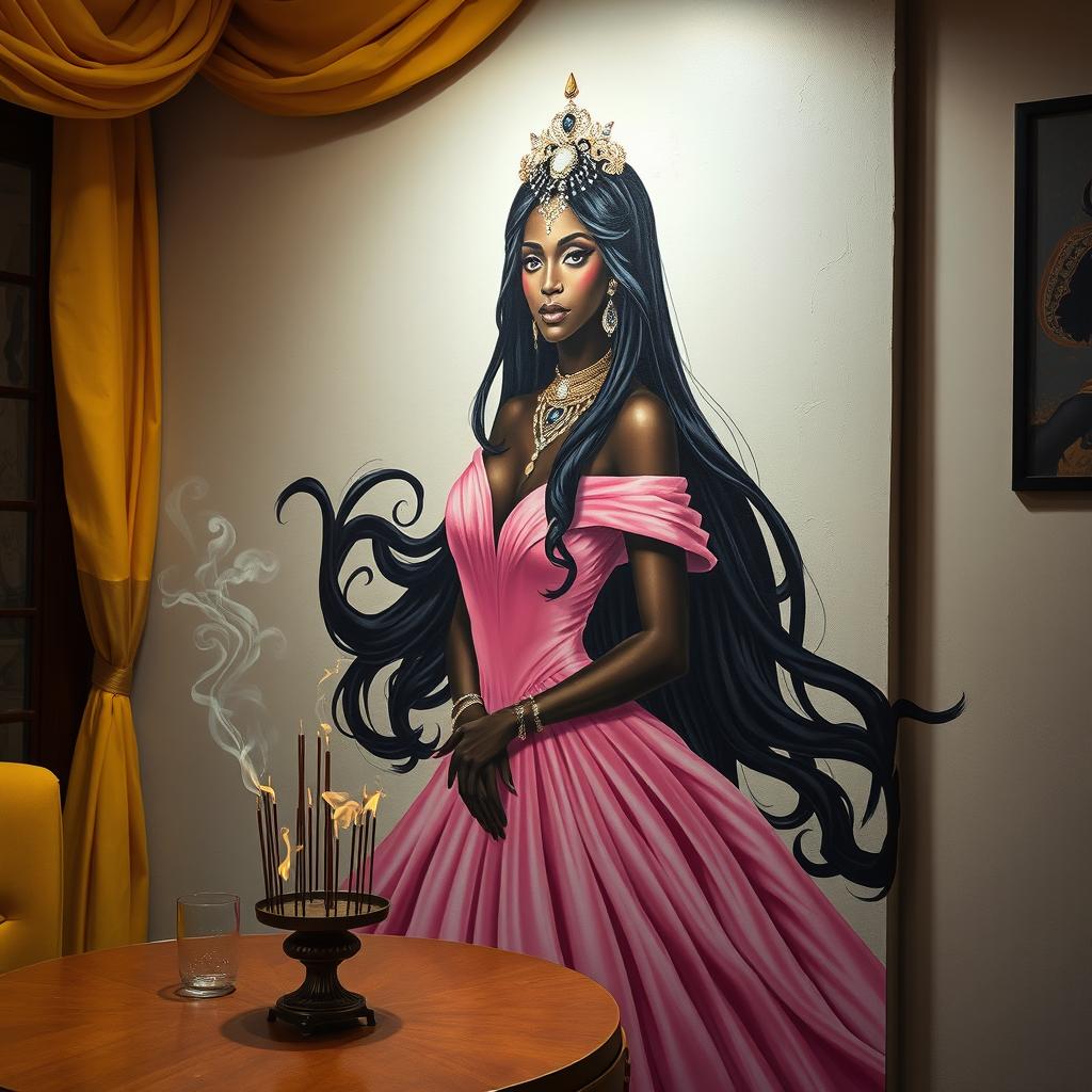 A stunning black woman with long, flowing black hair adorned with intricate jewelry, wearing a majestic pink dress