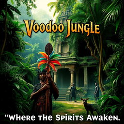 A dramatic voodoo jungle movie poster featuring an ancient temple overgrown with lush green foliage, set in a dense jungle