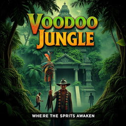 A dramatic voodoo jungle movie poster featuring an ancient temple overgrown with lush green foliage, set in a dense jungle
